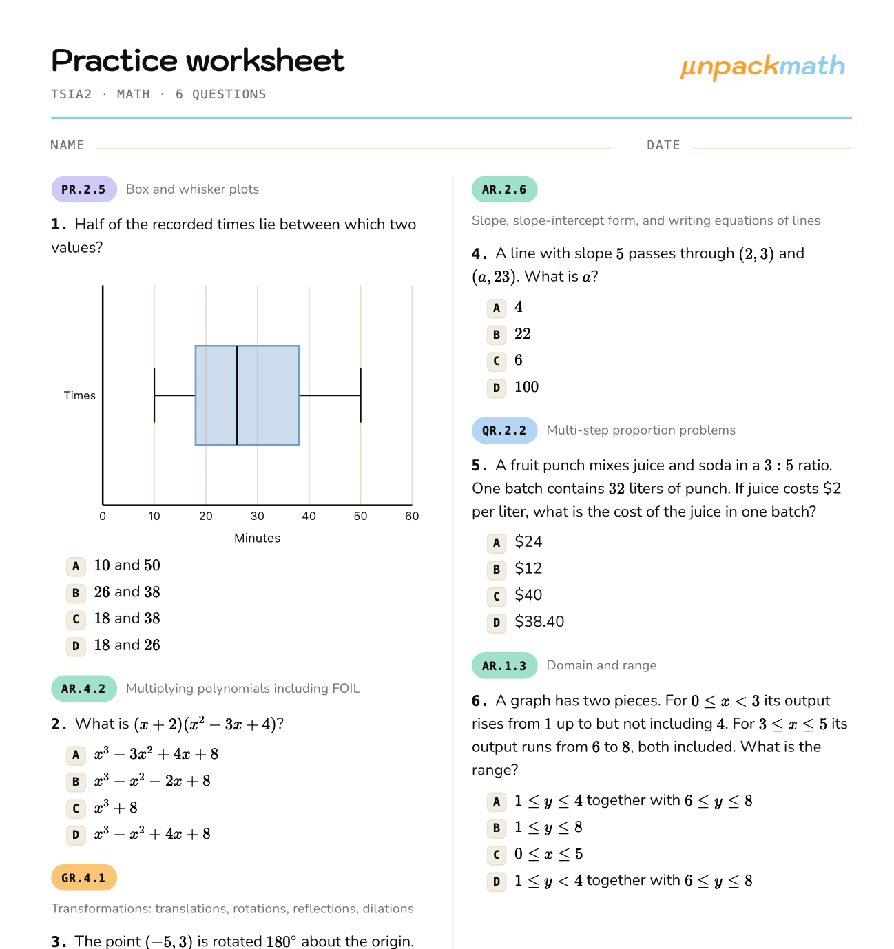 Sample TSIA2 practice worksheet with strand-tagged questions and answer key
